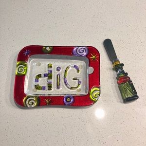 “Dig in” Glass Cheese Dish with Matching Knife